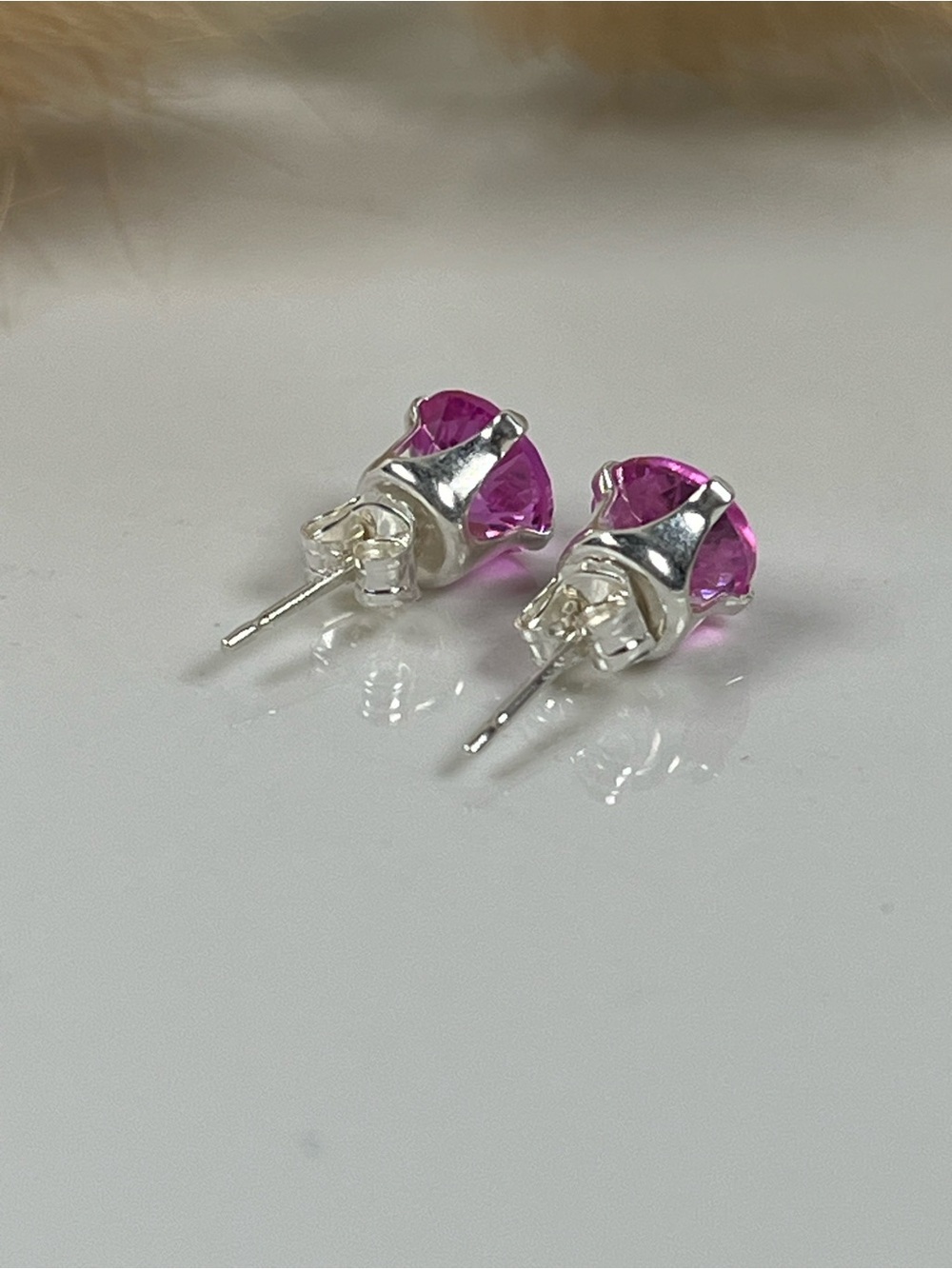 Solid Sterling Silver Pink Sapphire Gemstone Stud Post Back Earrings - Picture 4 of 5